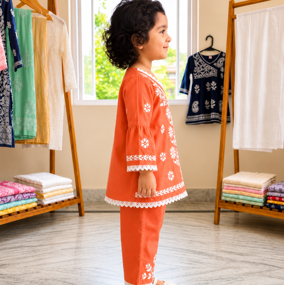 Coral Blossom Embroidered Co-ord Set
