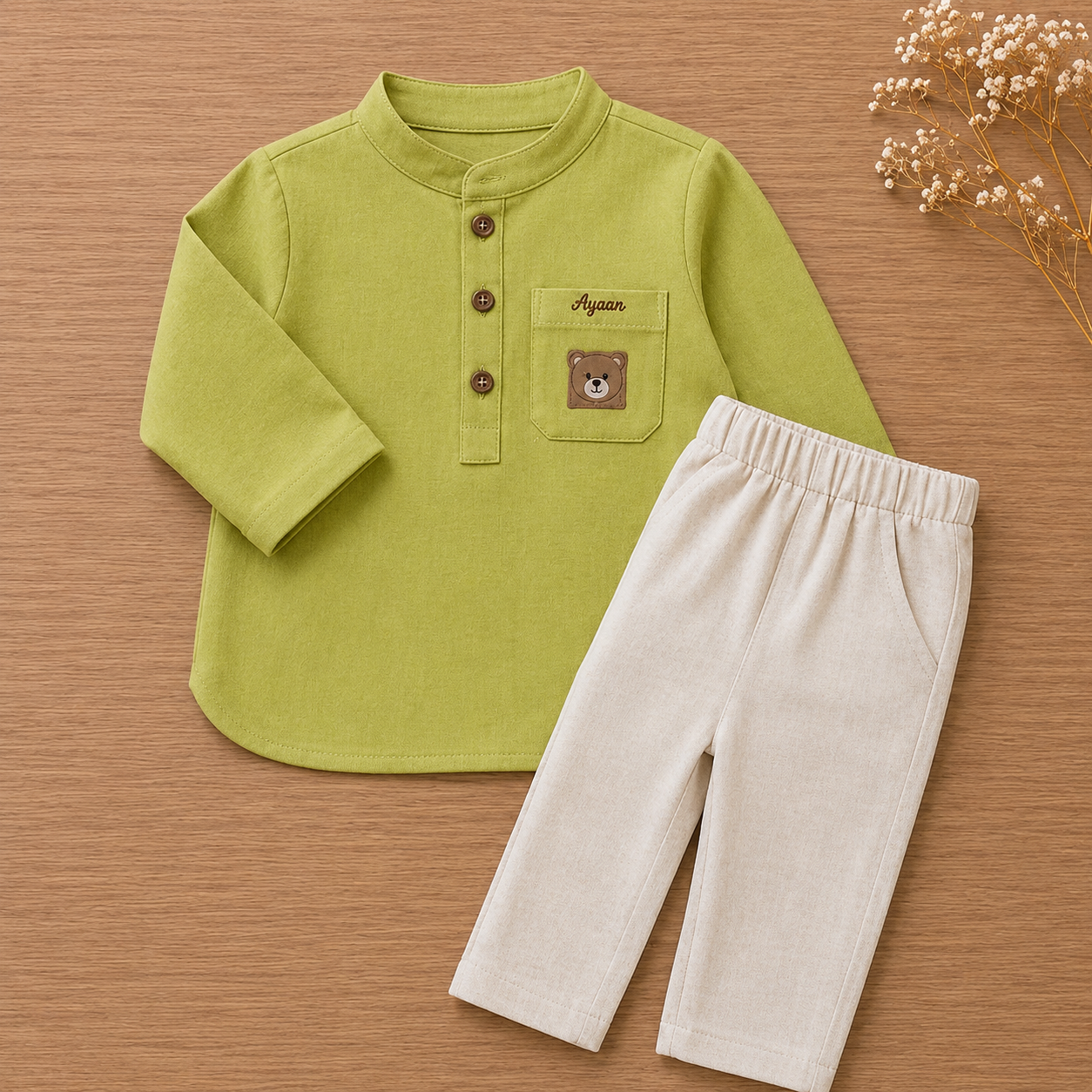 Teddy Tales Personalized Kurta Set – Parrot Green