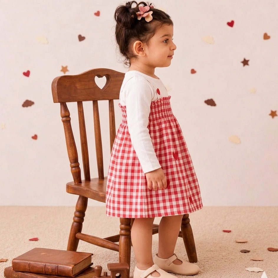 Rosy Bloom Heart Smocked Dress with Tshirt - Rose