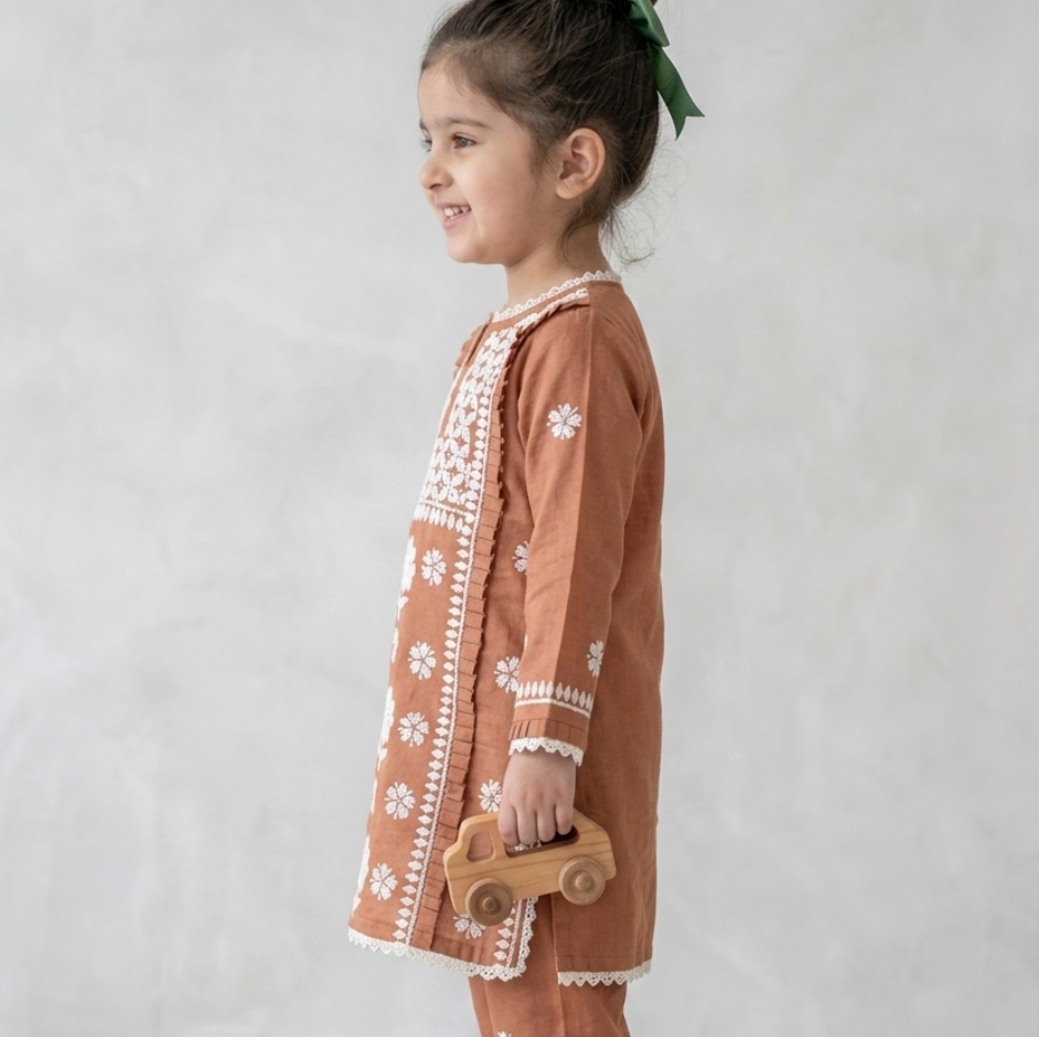 Rust Petal Chikankari Kurta Set