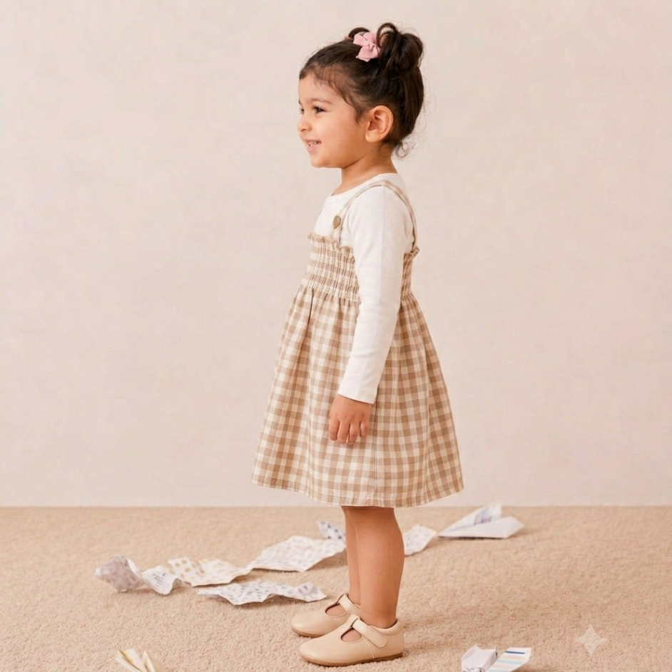 Pine Heart Smocked Dress with Tshirt - Beige