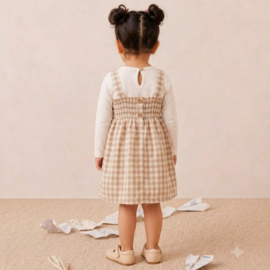 Pine Heart Smocked Dress with Tshirt - Beige