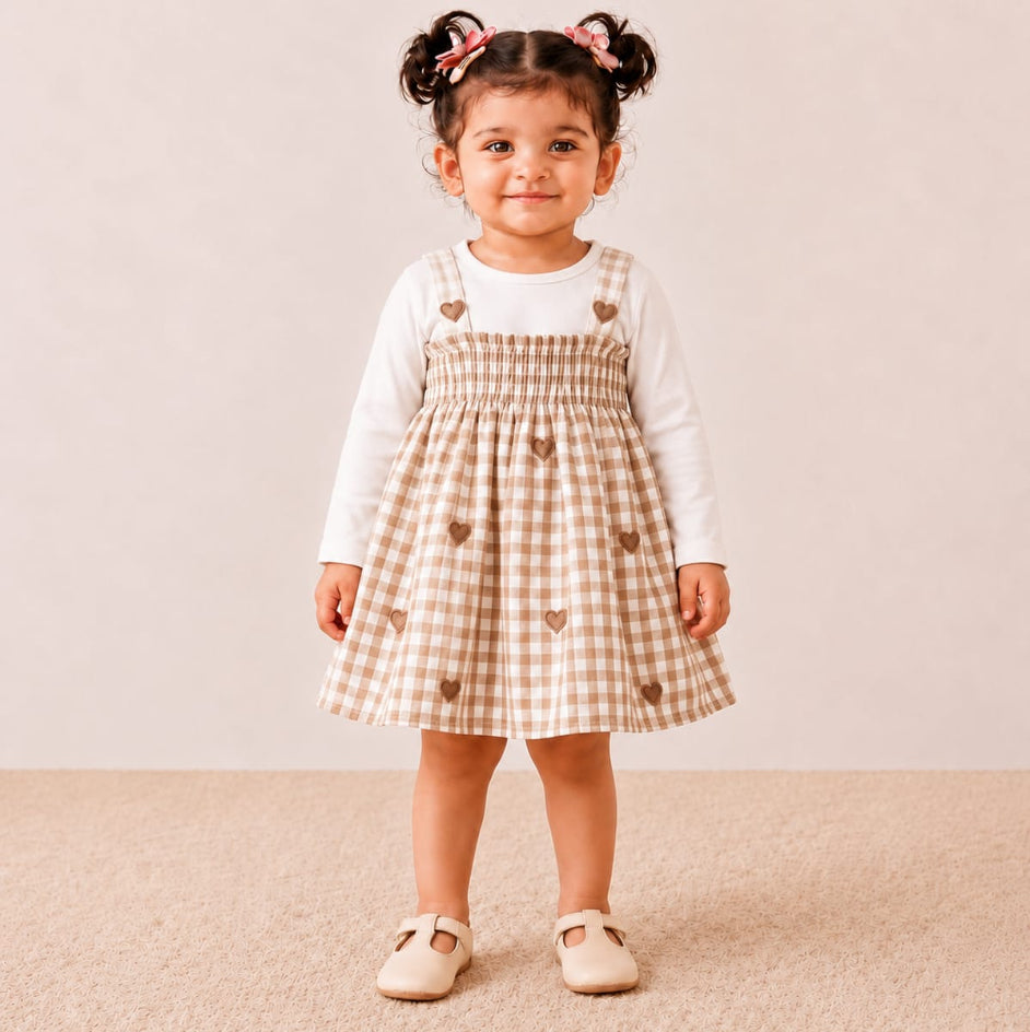 Pine Heart Smocked Dress with Tshirt - Beige