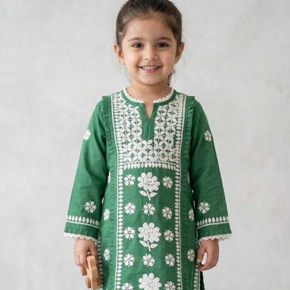 Gulnaar Chikakari Cotton Kurta Set - Green
