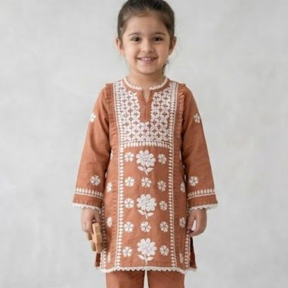 Rust Petal Chikankari Kurta Set